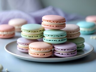 Fototapeta premium A Bite of Parisian Perfection: Discover the Irresistible Charm of French Macaron Cookies—Light, Airy, and Filled with Sweet Bliss, All Wrapped in Soft, Pastel-Colored Beauty!