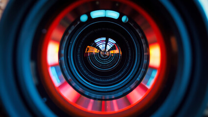 A vibrant, abstract front view close-up of a camera lens, a dynamic interplay of colors and reflections. Concept of high technology, television or film production, video shooting, movie industry