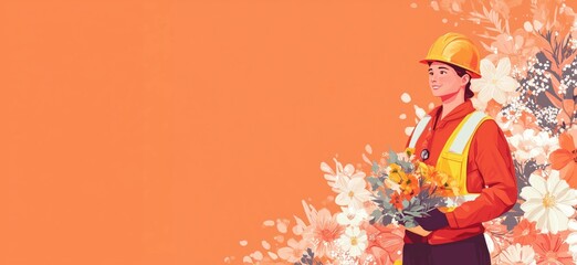 Fototapeta premium Construction worker holding flowers against vibrant orange background with floral design, copy space for text