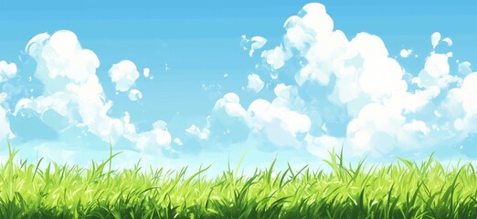 Obraz premium Vibrant green grass under a bright blue sky with fluffy white clouds, copy space for text