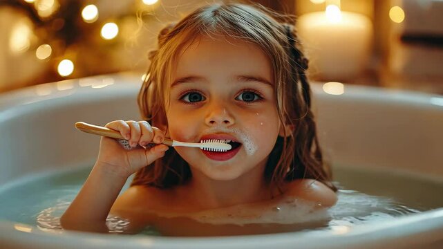 A small child in the bathroom is brushing his teeth