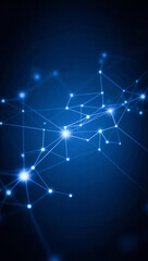 Fototapeta premium A dynamic layout featuring a network of interconnected lines and nodes against a dark blue background. Concept of connectivity and technology, with a futuristic and ethereal atmosphere.