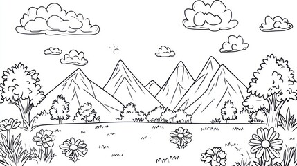 Mountainous landscape sketch, sunny day, flowers, clouds. Coloring book page