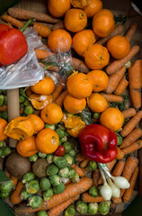 Dirty boxes with rotten vegetables and fruits. Garbage and food waste. Top view. The concept of waste minimization and consumerism
