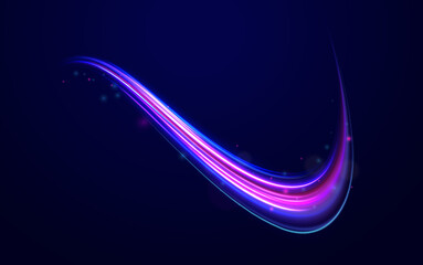 Light trail wave, fire path trace line, car lights, optic fiber and incandescence curve twirl. Big data traffic visualization, dynamic high speed, png, effect. Vector glowing lines air flow effect. 