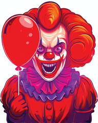Create a digital painting of a sinister clown with an exaggerated, wide grin revealing sharp, pointed teeth.  The lighting should be dramatic and unsettling.