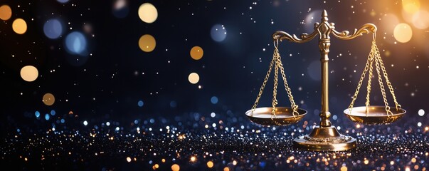 Golden scales of justice on sparkling background representing law and fairness, copy space for text