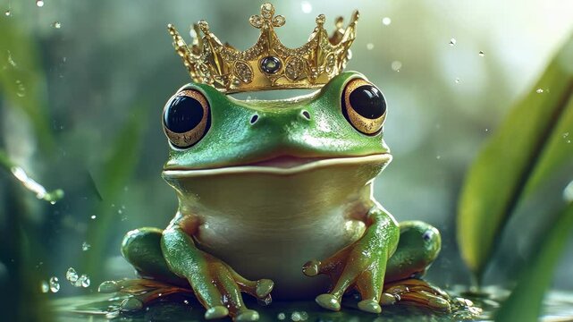 frog with a golden crown on a nature background.