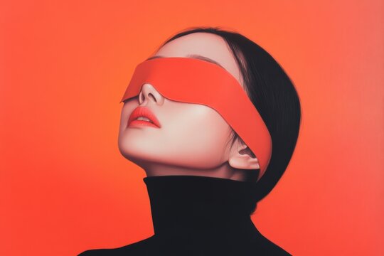 woman wearing red blindfold on orange background