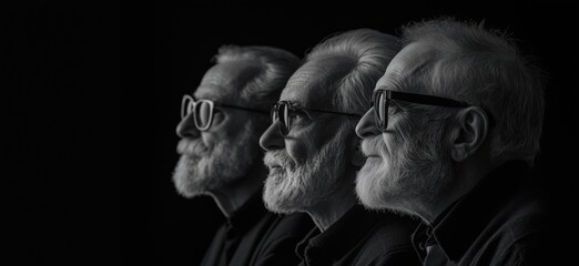 Portrait of three elderly men showcasing wisdom and experience in black and white, copy space for text