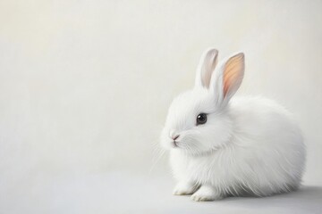 Obraz premium adorable white rabbit with soft fur and alert ears, sitting gracefully against pure white background, studio lighting emphasizing texture and form