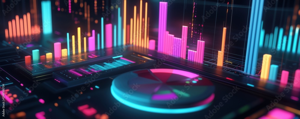 Poster colorful data visualization with glowing charts and graphs in a digital environment, copy space for 