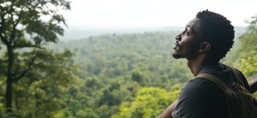 Contemplative man gazing at lush green landscape in serene natural setting, copy space for text