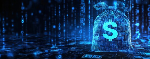 Digital money bag with glowing dollar sign and binary code background, copy space for text