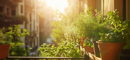 Sunlit balcony garden with vibrant herbs and flowers in urban setting, copy space for text