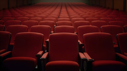 Obraz premium Empty Movie Theater Seating: Rows of Red Plush Seats in a Dark Auditorium, Cinema Interior, Entertainment Venue Photography