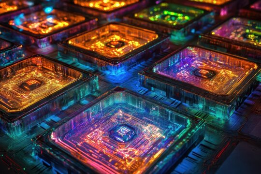 advanced quantum encryption visualization with interlocking geometric shields, glowing circuit patterns, and secure data streams