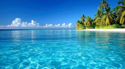 Fototapeta premium Tropical Beach Paradise: Idyllic Island Getaway. Azure Ocean, Palm Trees, White Sand, and Sunny Skies. Perfect Vacation Destination