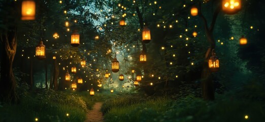 Enchanting forest path illuminated by glowing lanterns and fireflies at dusk, copy space for text