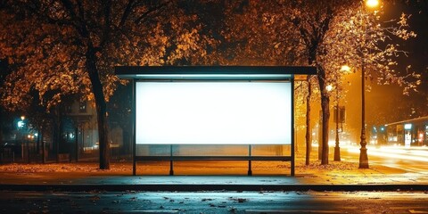 Empty Bus Stop at Night Featuring a Large Blank White Billboard Surrounded by Dim Streetlights and Autumn Trees