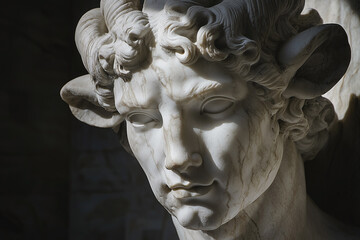 Pan (Faun) half-man-half-goat, god of forests, all nature. Ancient Greek and Roman mythology. Marble statue.