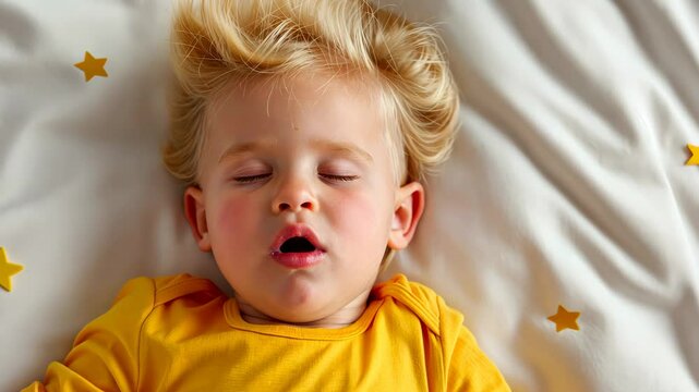 Baby is sleeping on a bed with a star pattern. The baby is wearing a yellow shirt