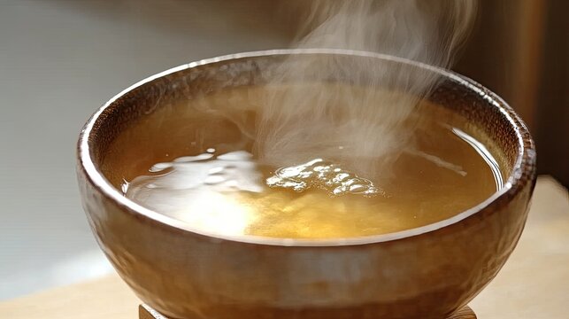  Authentic Japanese dashi broth in a traditional ceramic bowl, captured in natural lighting with steam rising. 
