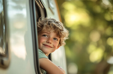 Smiling boy enjoying a road trip