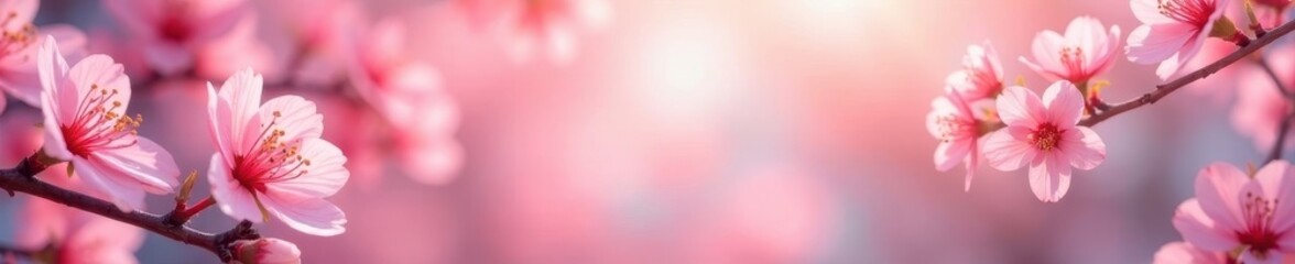 Delicate pink blossoms arranged in a spring border, soft focus, abstract background , retro, design, vintage