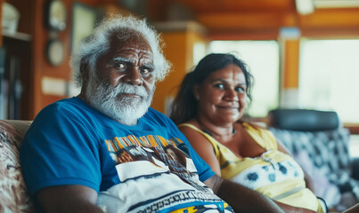 Happy Aboriginal senior couple together in a bright room, family at home, generated ai