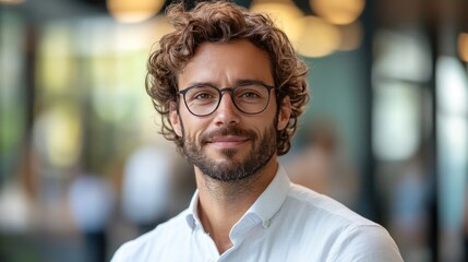 Obraz premium Portrait of a Smiling Man with Curly Hair and Glasses