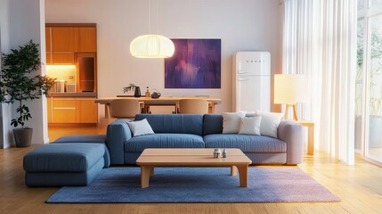 Fototapeta premium Cozy modern living room with warm lighting, minimalist furniture, and a relaxing ambiance. 