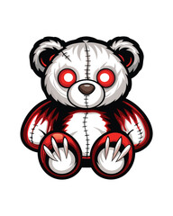 A vintage teddy bear, crudely stitched together, with glowing red eyes, sits in dim light.  Detail the stitching and the unsettling glow. (2)