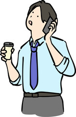 ドリンクカップを手に持ち電話をかける　スーツ男性のイラスト