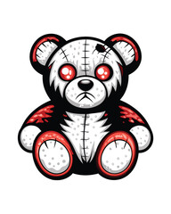 A vintage stitched-up teddy bear, its fur worn, with intensely glowing red eyes in the dark; a close-up shot showcasing intricate stitching details.  (3)