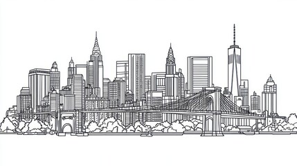 New York City skyline, Brooklyn Bridge, cityscape, line art, travel poster