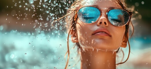 Naklejka premium Woman enjoying summer sun with sunglasses and water droplets on her face, copy space for text