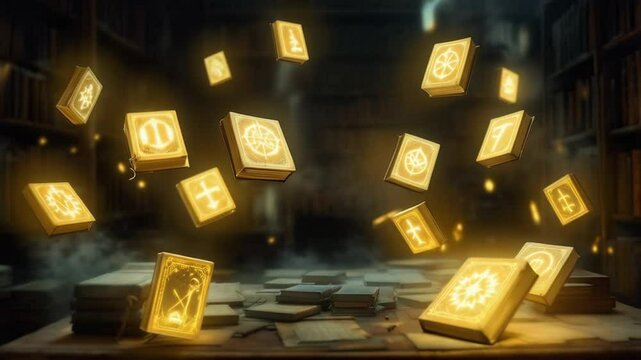In a dimly lit library, ancient tomes float mystically in the air, glowing with a golden light. Dust particles drift through the ambient illumination, creating an enchanting atmosphere