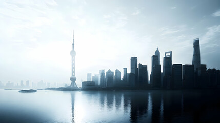 Obraz premium Shanghai skyline sunrise, hazy river reflection, city travel
