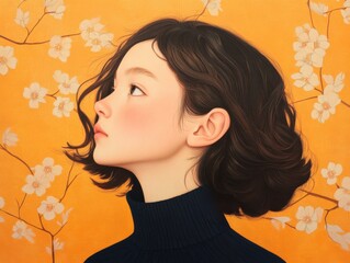 Naklejka premium illustration of a woman with flowers in the background.