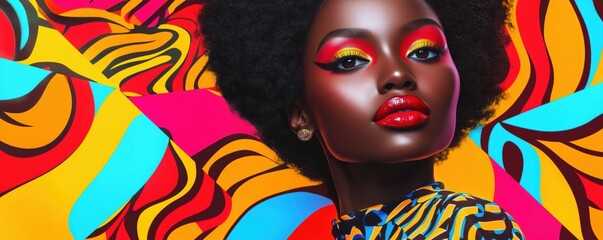 Vibrant portrait of a woman with bold makeup against colorful abstract background, copy space for text