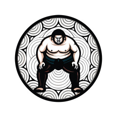 Powerful sumo wrestler, dark blue mawashi, intense pre-match pose, traditional Japanese wrestling.