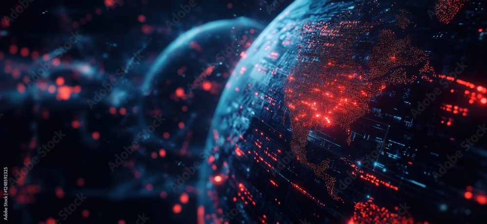 Poster digital globe with glowing red data points representing global connectivity and technology, copy spa