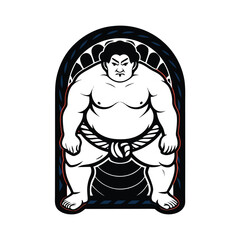 Powerful sumo wrestler in a dark blue mawashi, mid-powerful stance.  Dramatic lighting emphasizes muscles.