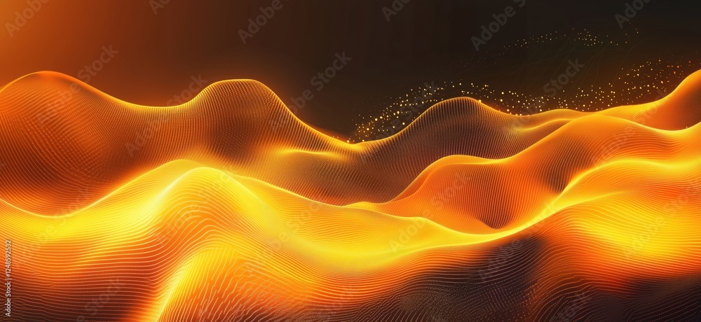 Poster abstract golden wave patterns with glowing lines and digital elements in dark background, copy space