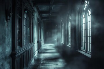 ancient haunted mansion corridor with creaking floorboards, cobwebs, and moonlight casting eerie shadows through gothic windows