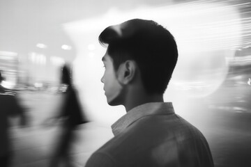 a man looking at blurred city lights at night