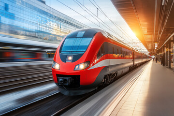 Fototapeta premium High-Speed Red Train in Motion on Airport Station Platform with Blurred Background and Dynamic Sunlight Lighting Effects Showcasing Modern Design. Generative Ai