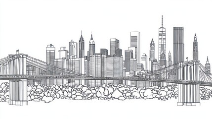 Obraz premium NYC skyline sketch, bridges, Manhattan, cityscape, urban design