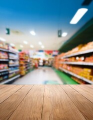 Fototapeta premium Generated image Empty wood table top with supermarket blurred background for product display
